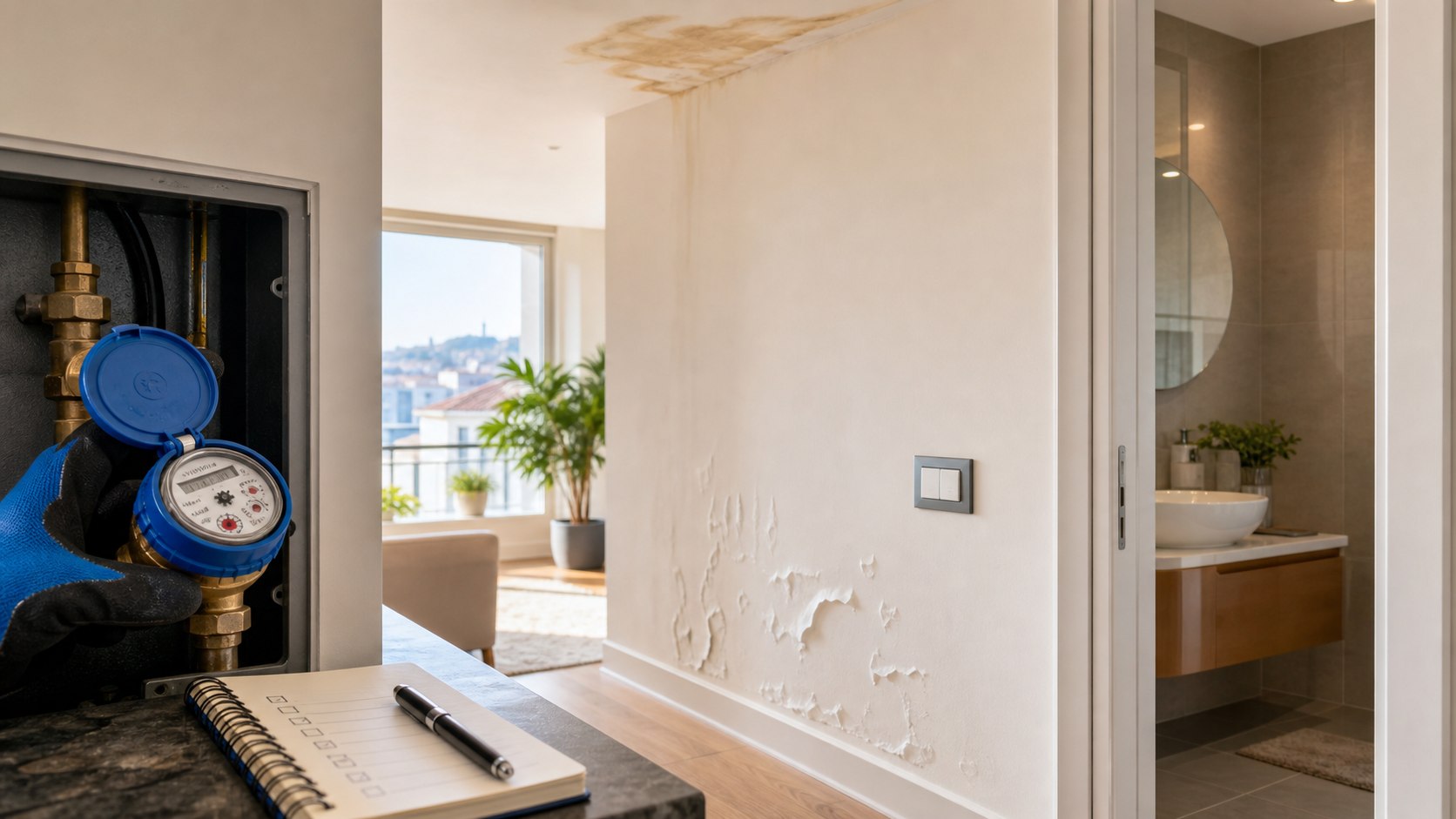 Kadıköy apartmanında su kaçağı belirtileri, nem izi, sayaç kontrolü ve erken müdahale görseli